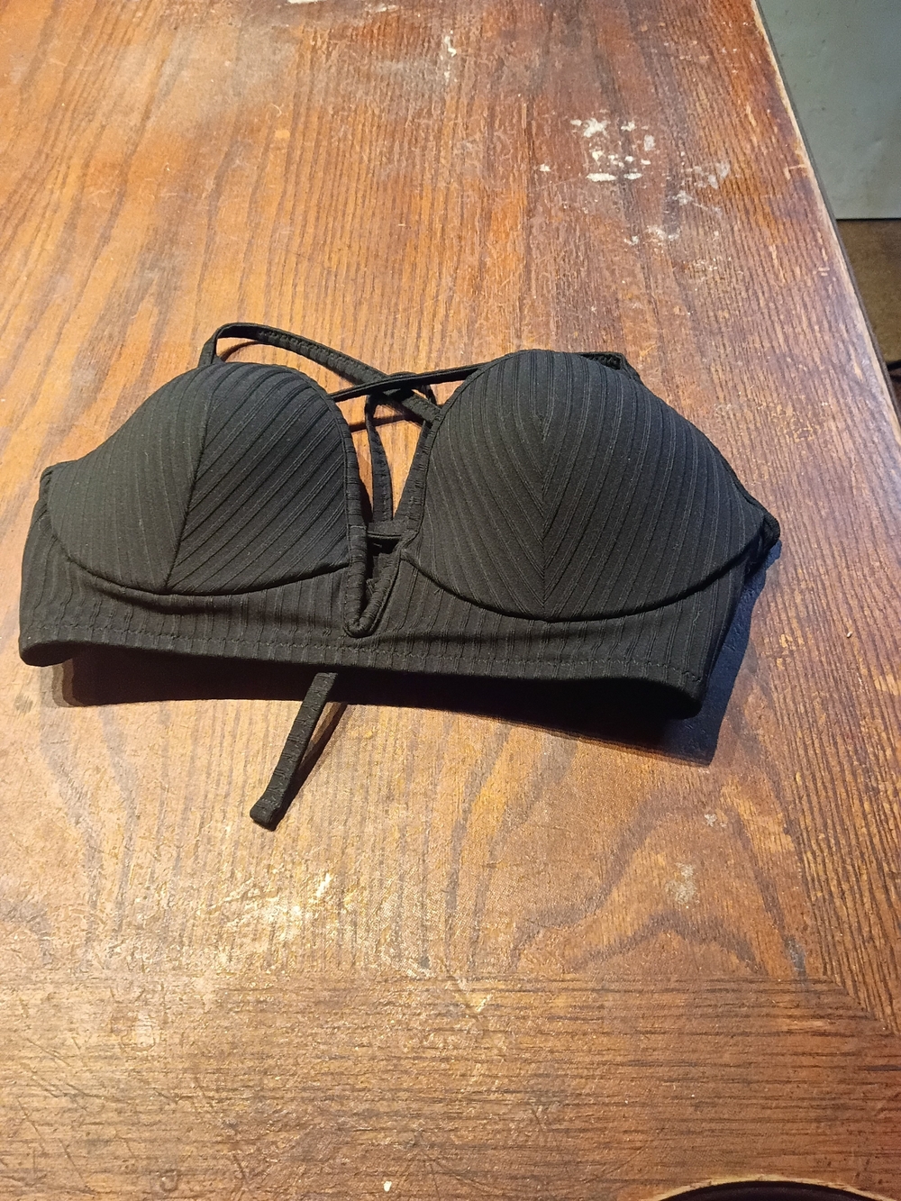 Shade & Shore Black Ribbed Strappy Bikini Top